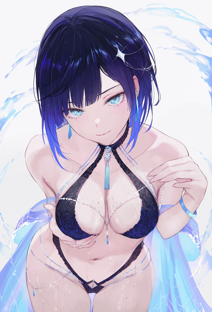 1girl absurdres bare_shoulders bikini black_bikini black_hair blue_bikini blue_eyes blue_hair bracelet breasts cleavage closed_mouth collarbone cowboy_shot diagonal_bangs earrings genshin_impact gradient_hair hair_ornament highres jewelry large_breasts looking_at_viewer mole mole_on_breast multicolored_hair navel paid_reward_available purple_hair qiandaiyiyu short_hair smile solo stomach swimsuit thighs water wet white_background yelan_(genshin_impact)