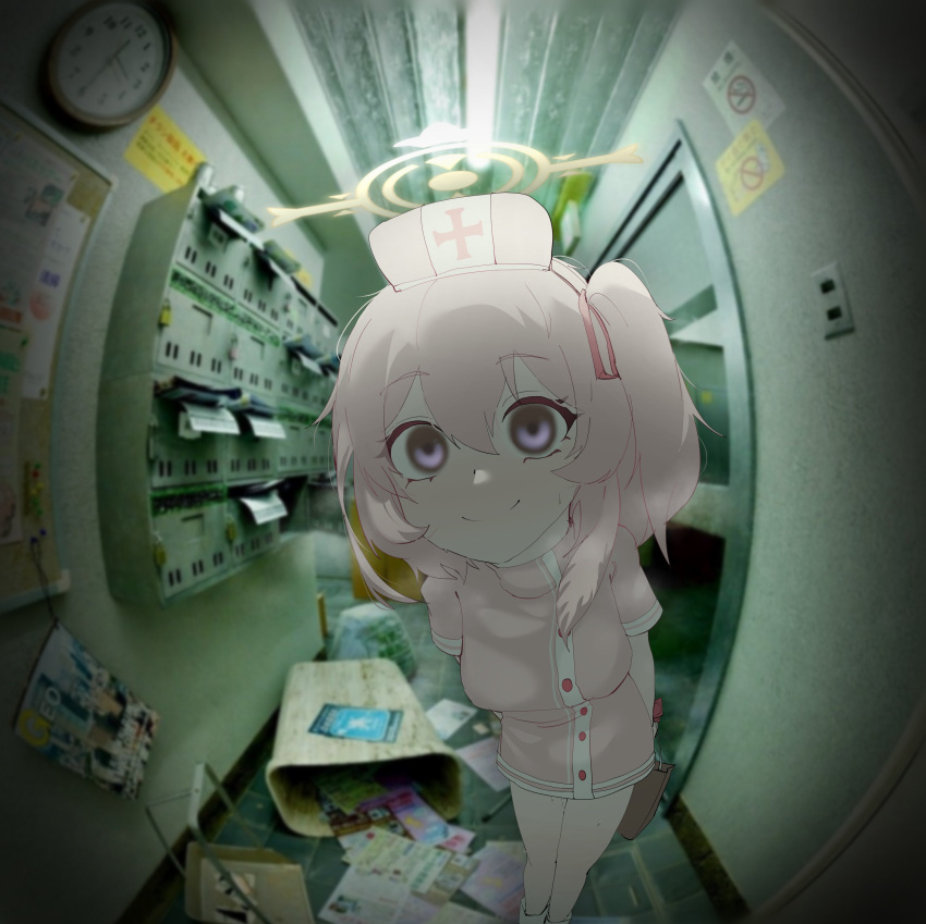 1girl absurdres arms_behind_back bag blue_archive ceiling_light clock closed_mouth commentary_request dress empty_eyes feet_out_of_frame fisheye hallway halo hat highres holding holding_bag indoors looking_at_viewer no_smoking nurse nurse_cap official_alternate_costume paper_bag photo_background pink_dress pink_hair plentyofempty pov_peephole purple_eyes serina_(blue_archive) serina_(nurse)_(blue_archive) smile solo standing sweat trash trash_can wall_clock wide-eyed yandere yellow_halo