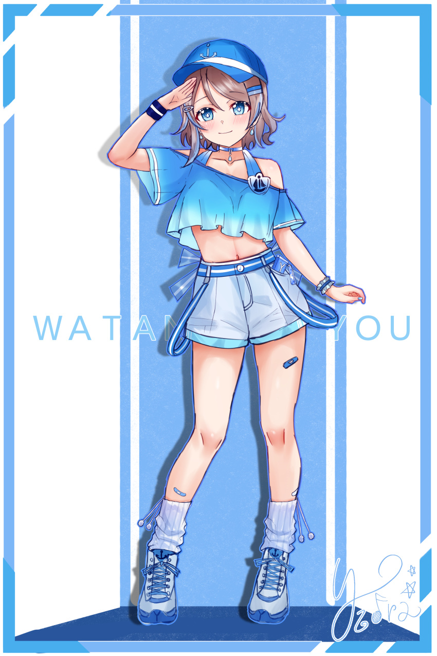 1girl absurdres alternate_hair_color anchor_symbol arm_up bandaid blue_footwear blue_hair blue_headwear blue_nails blush boots brown_hair character_name choker closed_mouth collarbone dangle_earrings earrings full_body grey_shorts hair_ornament hairclip highres jewelry kuntze looking_at_viewer love_live! love_live!_sunshine!! multicolored_hair navel salute short_hair shorts smile solo watanabe_you white_leg_warmers