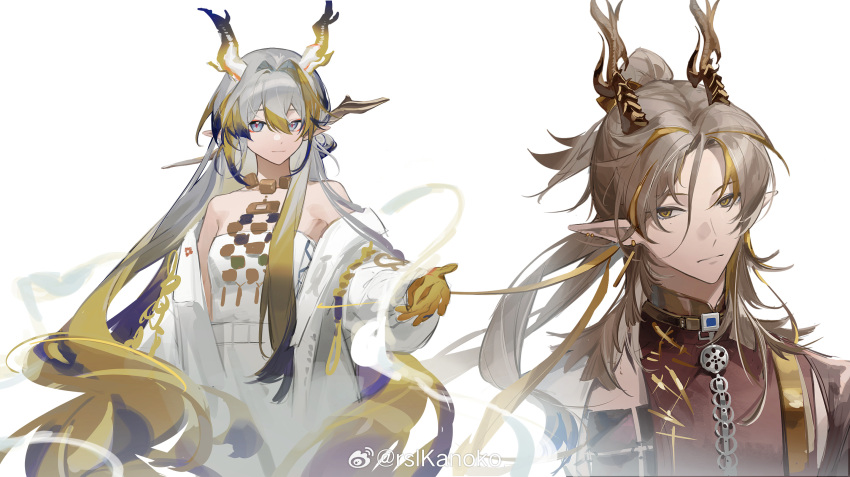 1boy 1girl arknights artist_name bare_shoulders blonde_hair brown_hair brown_horns brown_jacket chain chinese_commentary closed_mouth colored_skin commentary_request dragon_boy dragon_girl dragon_horns dress ear_piercing earrings expressionless grey_eyes grey_hair hair_between_eyes hair_intakes highres horns jacket jewelry light_smile long_hair looking_at_viewer multicolored_hair necklace off_shoulder open_clothes open_jacket outstretched_hand piercing pointy_ears purple_hair purple_horns red_pupils rslkanoko shu_(arknights) simple_background sketch strapless strapless_dress streaked_hair very_long_hair watermark weibo_logo white_background white_dress white_horns white_jacket yellow_eyes yellow_horns zhi_(arknights)