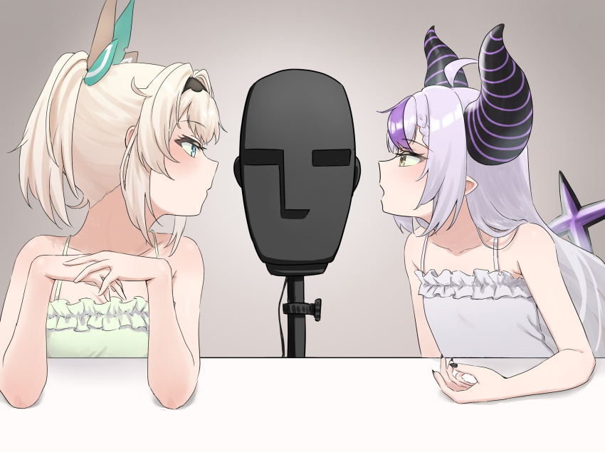 2girls ahoge alternate_costume arm_on_table asmr bare_arms bare_shoulders binaural_microphone black_horns black_nails blonde_hair blue_eyes blush braid braided_bangs breasts demon_girl demon_horns dress elbows_on_table fingernails flat_chest frilled_dress frills green_dress grey_dress grey_hair hair_between_eyes hair_ornament high_ponytail highres hololive horns kazama_iroha la+_darknesss landl leaf_hair_ornament long_fingernails long_hair medium_breasts microphone multicolored_hair multiple_girls nail_polish neumann_ku_100 own_hands_together parted_lips pointy_ears profile purple_hair purple_horns sharp_fingernails sleeveless sleeveless_dress streaked_hair striped_horns tail the_weaker_sex_1_(gibson) upper_body very_long_hair virtual_youtuber whispering yellow_eyes