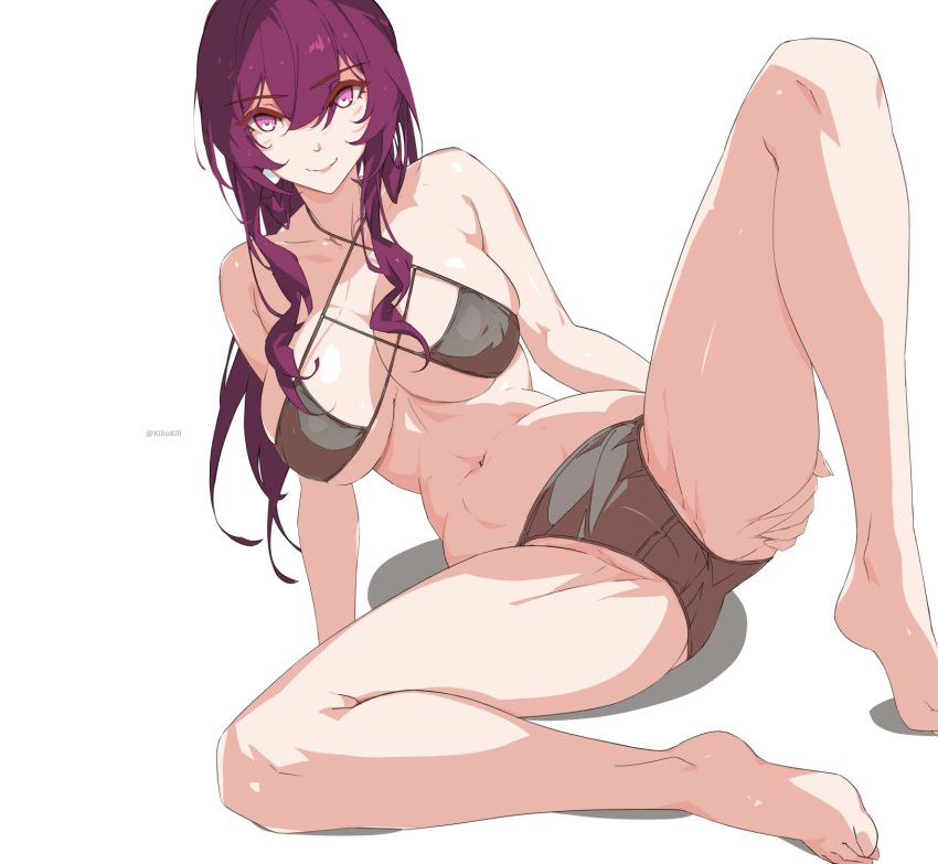 1girl bare_legs bare_shoulders barefoot bikini cameltoe commentary criss-cross_halter grey_bikini halterneck highres honkai:_star_rail honkai_(series) kafka_(honkai:_star_rail) kili_kilio long_hair looking_at_viewer navel purple_eyes purple_hair simple_background smile solo stomach swimsuit thighs white_background