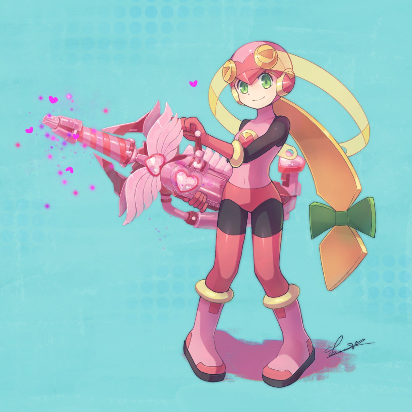 1girl alternate_weapon black_bodysuit blonde_hair bodysuit boots covered_collarbone heart helmet highres holding_cannon long_hair mega_man_(series) mega_man_battle_network_(series) mega_man_x_(series) mega_man_x_dive netnavi pink_bodysuit pink_footwear pink_headwear roll.exe_(mega_man) signature solo suama-yuki weapon