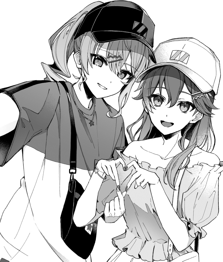 2girls absurdres alternate_costume bag bare_shoulders baseball_cap bracelet commentary_request dot_nose frilled_shirt frills greyscale hair_between_eyes hair_ornament hairclip hat heart heart_hands highres hololive hoshimachi_suisei jewelry long_hair looking_at_viewer medium_hair monochrome multiple_girls necklace off-shoulder_shirt off_shoulder open_mouth outstretched_arm puffy_short_sleeves puffy_sleeves reaching reaching_towards_viewer sakura_miko selfie shirt short_sleeves side_ponytail sidelocks simple_background smile star_(symbol) star_necklace t-shirt tozaki_(r_sailing) upper_body virtual_youtuber visor_cap white_background