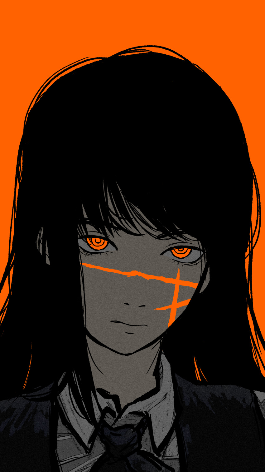 1girl absurdres black_hair black_necktie black_vest chainsaw_man close-up closed_mouth collared_shirt expressionless facing_viewer film_grain head_tilt highres limited_palette long_hair looking_at_viewer necktie nostrils orange_background orange_eyes orora1902_(user_11296669) scar scar_on_face shirt simple_background solo tsurime unamused vest white_shirt yoru_(chainsaw_man)