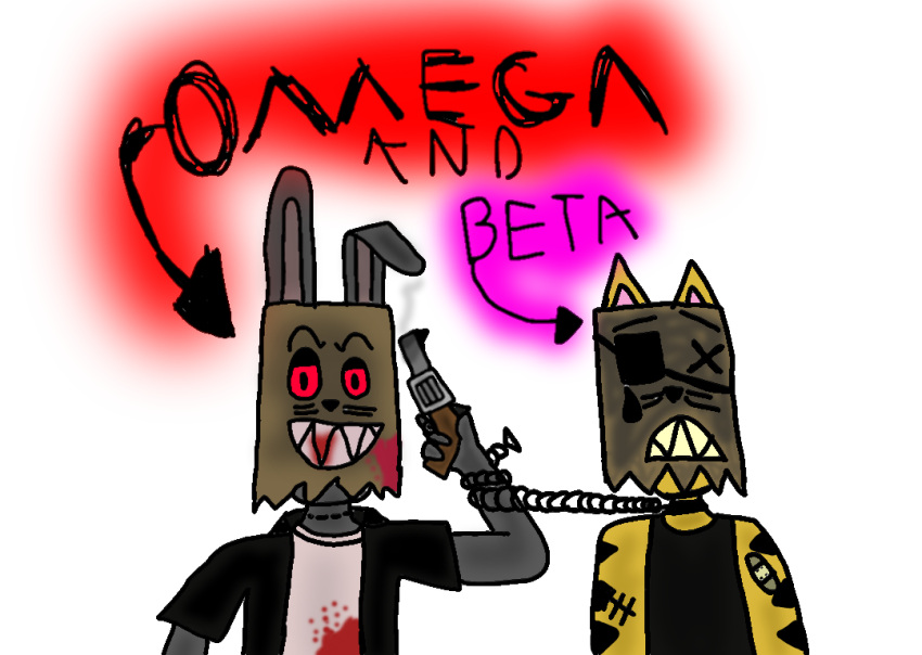 anthro beta_(mrmisery) blind blood bodily_fluids chain clothed clothing disability domestic_cat duo felid feline felis fur grey_body grey_fur gun lagomorph leporid male mammal mask mrmisery omega_(mrmisery) orange_body orange_fur rabbit ranged_weapon red_eyes weapon