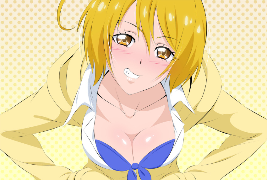 1girl ahoge blonde_hair blue_bra bow bra breasts cleavage collarbone fuchi_(nightmare) highres hugtto!_precure kagayaki_homare large_breasts long_sleeves looking_at_viewer polka_dot polka_dot_bow precure shirt short_hair smile solo underwear upper_body yellow_background yellow_eyes yellow_shirt