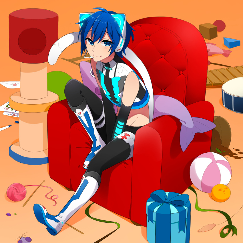 1boy :3 animal_ear_headphones animal_ears armchair ball beachball black_pants blue_eyes blue_hair blue_ribbon boots cat_ear_headphones cat_ears cat_teaser chair character_name commentary crop_top detached_sleeves dirt drum fake_animal_ears fish-shaped_pillow full_body gift gloves green_ribbon hair_between_eyes headphones highres instrument kaito_(vocaloid) knee_boots knee_up letter looking_at_viewer male_focus marker midriff navel neko_cyber_(module) on_chair orange_background pants pillow ribbon shio_ice short_hair sitting spill thigh_strap toy toy_mouse vocaloid white_footwear white_tail xylophone yarn yarn_ball