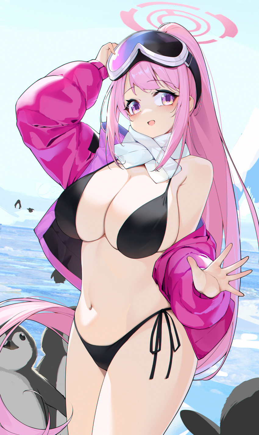 1girl absurdres bare_shoulders bikini bird black_bikini blue_archive blue_sky blush breasts cleavage cowboy_shot day down_jacket eimi_(blue_archive) eimi_(swimsuit)_(blue_archive) eyewear_on_head glacier goggles goggles_on_head halo highres jacket large_breasts long_hair looking_at_viewer navel off_shoulder official_alternate_costume open_clothes open_jacket open_mouth outdoors padded_jacket painterliuhao penguin pink_eyes pink_hair pink_halo pink_jacket ponytail scarf ski_goggles sky smile solo_focus standing stomach string_bikini swimsuit water white_scarf