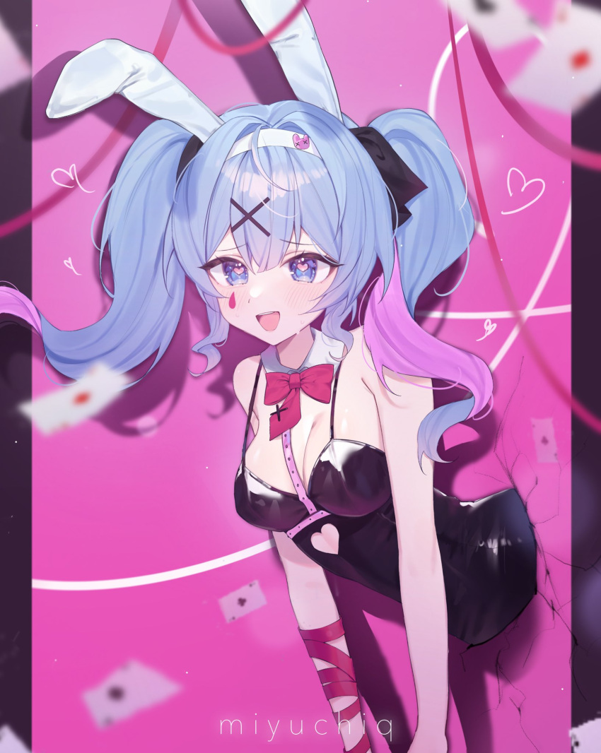 1girl animal_ears bare_shoulders black_leotard blue_eyes blue_hair bow bowtie breasts card cleavage clothing_cutout crossed_bangs detached_collar fake_animal_ears hair_ornament hatsune_miku heart heart-shaped_pupils heart_cutout highres leotard looking_at_viewer miyuchiq multicolored_hair open_mouth pink_pupils playboy_bunny playing_card rabbit_ears rabbit_hole_(vocaloid) ribbon smile solo stomach_cutout symbol-shaped_pupils teardrop_facial_mark through_wall twintails two-tone_hair vocaloid x_hair_ornament