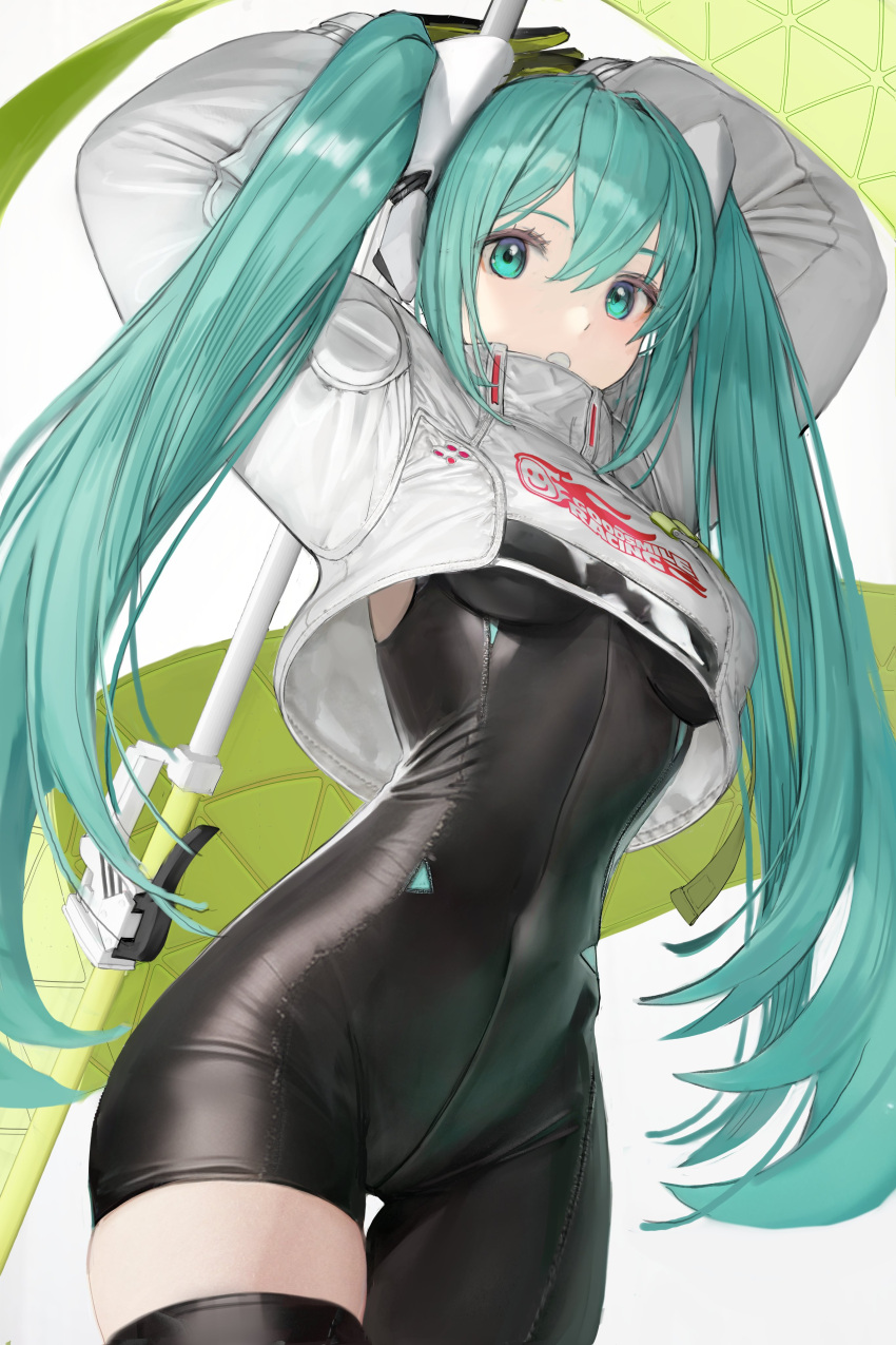 1girl absurdres aqua_eyes aqua_hair arms_up asymmetrical_bodysuit black_bodysuit bodysuit boots commentary_request covered_navel cowboy_shot crop_top crop_top_overhang cropped_jacket flag flagpole flame_print from_below gloves goodsmile_racing green_gloves hatsune_miku headset highres holding holding_flag holding_pole jacket long_sleeves nyatabe pole race_queen racing_miku racing_miku_(2022) revision single_thigh_boot single_thighhigh solo standing text_print thigh_boots thighhighs twintails two-tone_gloves vocaloid white_jacket