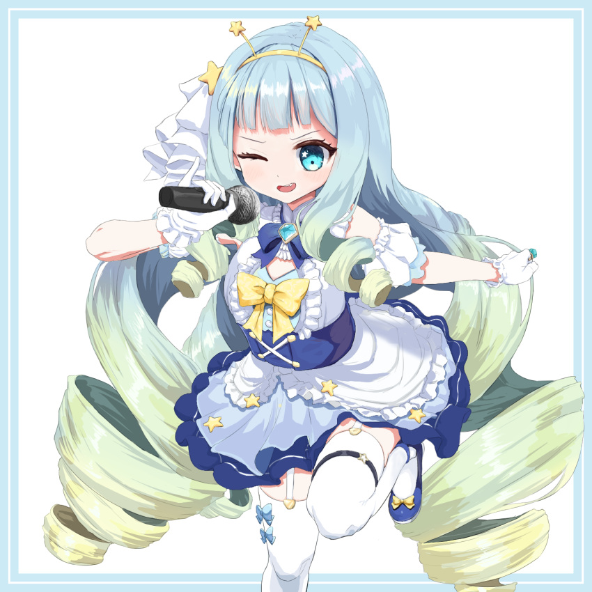 1girl arm_garter blonde_hair blue_bow blue_bowtie blue_brooch blue_eyes blue_footwear blue_hair bow bowtie dress drill_hair footwear_bow frilled_dress frills garter_straps gloves gradient_hair hair_ornament hairband highres holding holding_microphone jelly_hoshiumi jewelry long_hair microphone multicolored_hair not_ashes one_eye_closed open_mouth phase_connect ring solo star_(symbol) star_hair_ornament star_in_eye symbol_in_eye teeth thighhighs upper_teeth_only very_long_hair virtual_youtuber white_garter_straps white_gloves white_thighhighs yellow_bow yellow_bowtie yellow_hairband