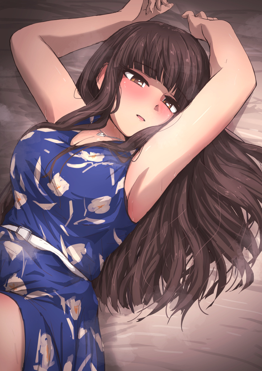 1girl absurdres armpits arms_up bare_arms bed_sheet belt_buckle blue_dress blush breasts brown_hair buckle cleavage commission dress highres idolmaster idolmaster_cinderella_girls kurokawa_chiaki large_breasts long_hair looking_at_viewer lying on_back pixiv_commission solo steaming_body tomawarinosuizou very_long_hair