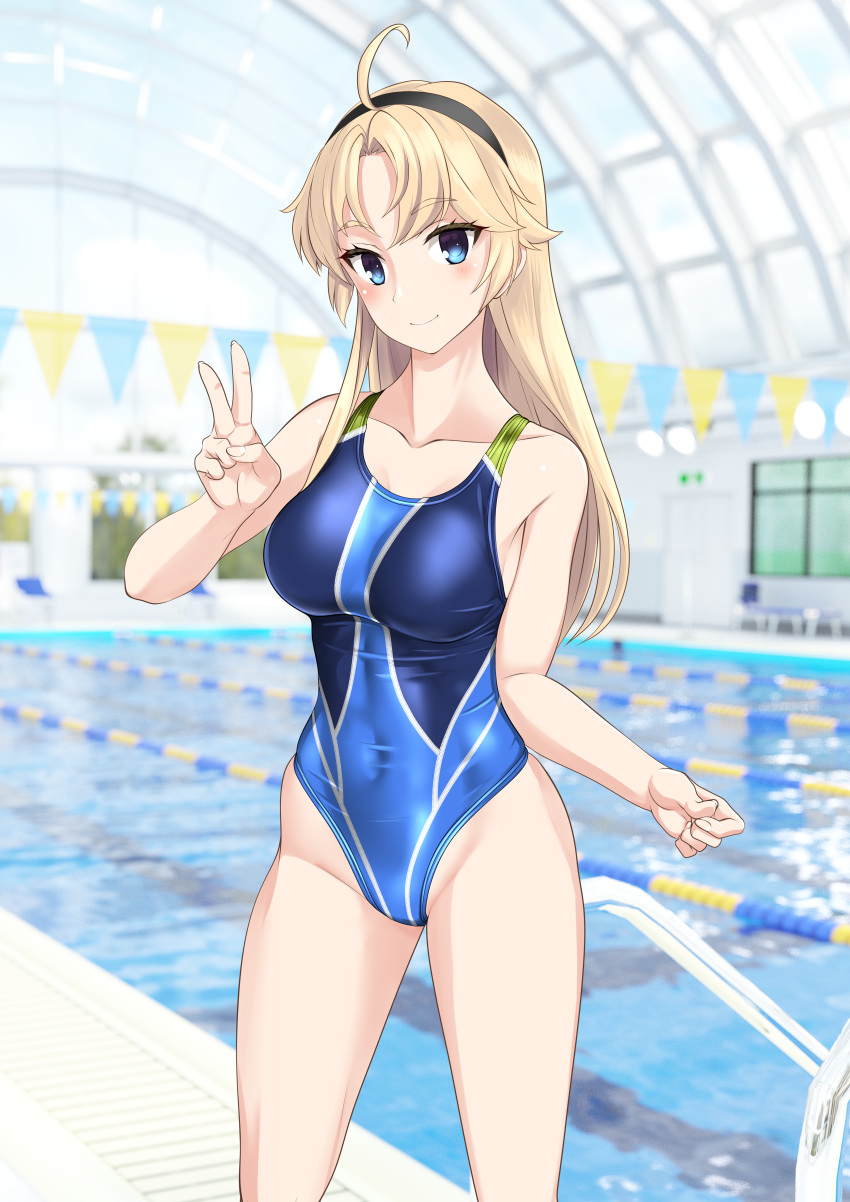 1girl absurdres ahoge black_hairband blonde_hair blue_eyes blue_one-piece_swimsuit breasts collarbone commentary_request competition_swimsuit covered_navel feet_out_of_frame hairband highleg highleg_swimsuit highres indoors kohagura_ellen lane_line long_hair medium_breasts multicolored_clothes multicolored_swimsuit one-piece_swimsuit pool pool_ladder solo standing string_of_flags swimsuit takafumi toji_no_miko v variant_set