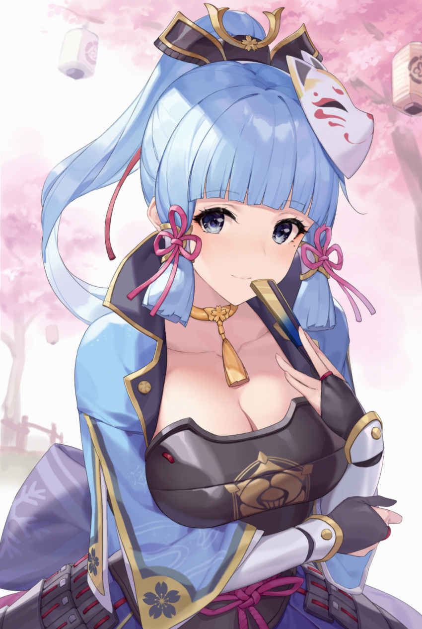 1girl arm_guards armor back_bow blue_eyes blue_hair blush bow breastplate breasts bridal_gauntlets cherry_blossoms chinese_commentary choker cleavage closed_fan closed_mouth collarbone commentary_request cowboy_shot fauls folding_fan fox_mask genshin_impact hair_ribbon hand_fan hand_on_own_arm highres holding holding_fan japanese_armor kamisato_ayaka large_breasts long_hair long_sleeves looking_at_viewer mask mask_on_head mole mole_under_eye panye pink_ribbon ponytail purple_bow ribbon smile solo spring_(season) tassel tree tress_ribbon yellow_choker