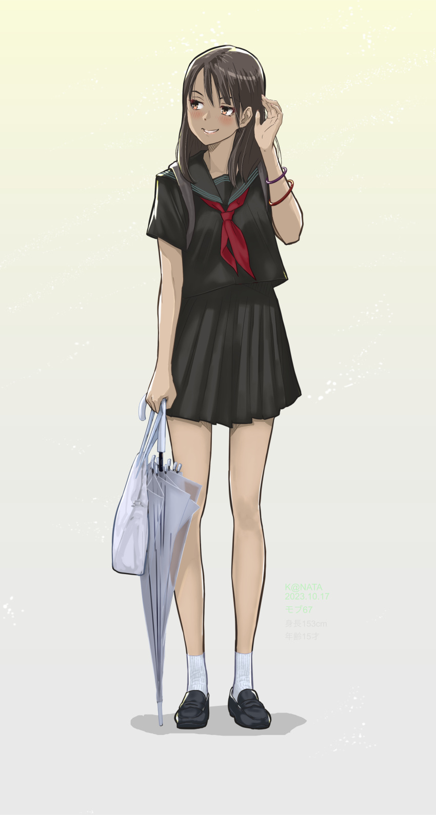 1girl absurdres backpack bag black_footwear black_serafuku blush bracelet brown_eyes brown_hair closed_umbrella dark-skinned_female dark_skin dated full_body gradient_background hand_up highres holding holding_bag jewelry long_hair long_legs measurements neckerchief original red_neckerchief school_uniform serafuku shopping_bag smile socks solo standing tan umbrella y.kami_nao/take