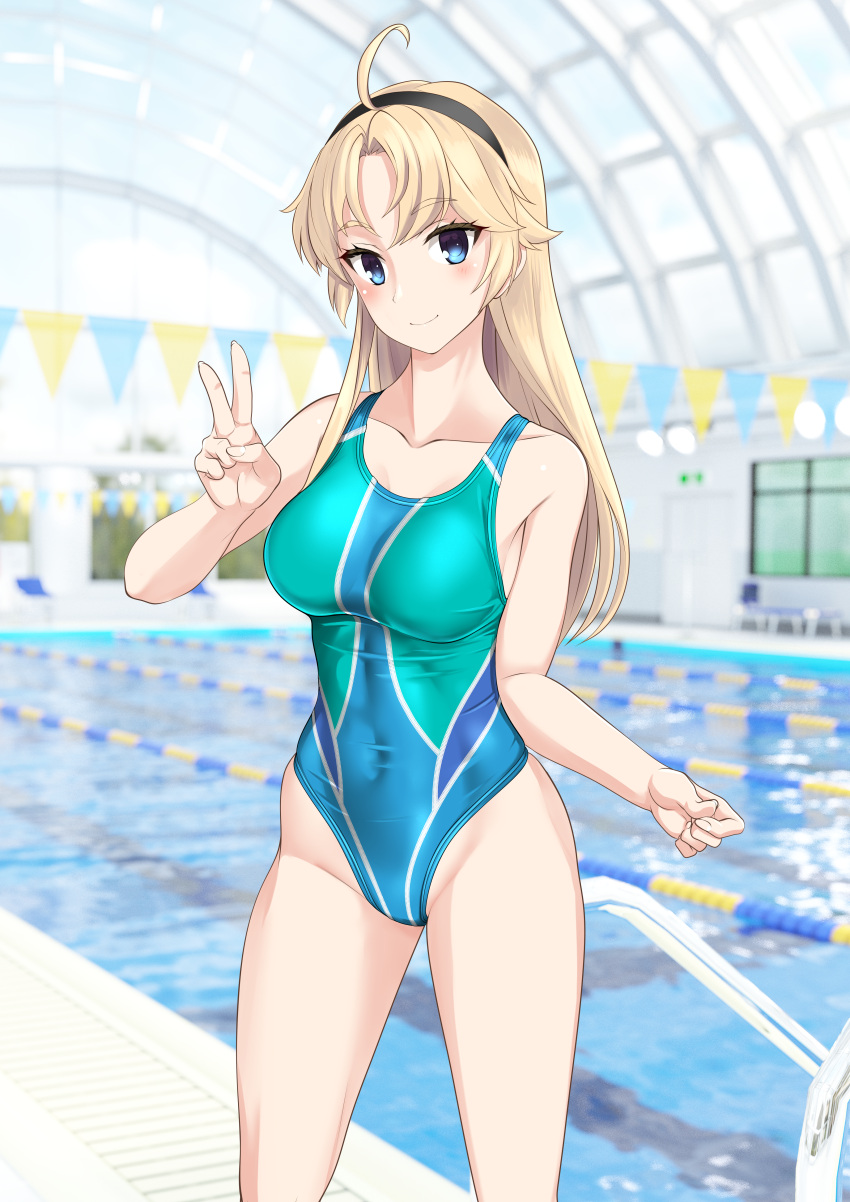 1girl absurdres ahoge aqua_one-piece_swimsuit black_hairband blonde_hair blue_eyes blue_one-piece_swimsuit breasts collarbone commentary_request competition_swimsuit covered_navel feet_out_of_frame hairband highleg highleg_swimsuit highres indoors kohagura_ellen lane_line long_hair medium_breasts multicolored_clothes multicolored_swimsuit one-piece_swimsuit pool pool_ladder solo standing string_of_flags swimsuit takafumi toji_no_miko v variant_set