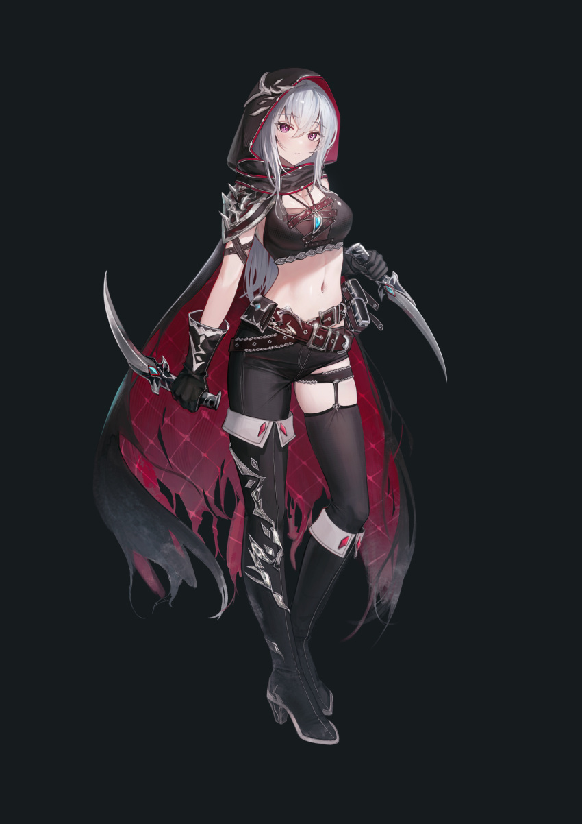 1girl absurdres armor asymmetrical_clothes asymmetrical_footwear belt black_background black_footwear black_gloves black_pants black_shirt black_thighhighs boots breasts cape cleavage closed_mouth crop_top dagger dual_wielding epic_seven flippy_(cripine111) full_body garter_straps gloves hair_between_eyes high_heel_boots high_heels highres holding holding_dagger holding_knife holding_weapon hood hooded_cape jewelry knee_boots knife large_breasts long_hair looking_at_viewer loose_belt midriff multiple_belts navel necklace pants pauldrons purple_eyes reverse_grip senya_(epic_seven) shirt shoulder_armor simple_background single_pantsleg single_thigh_boot single_thighhigh skindentation sleeveless sleeveless_shirt solo stomach thigh_boots thigh_strap thighhighs torn_cape torn_clothes weapon white_hair