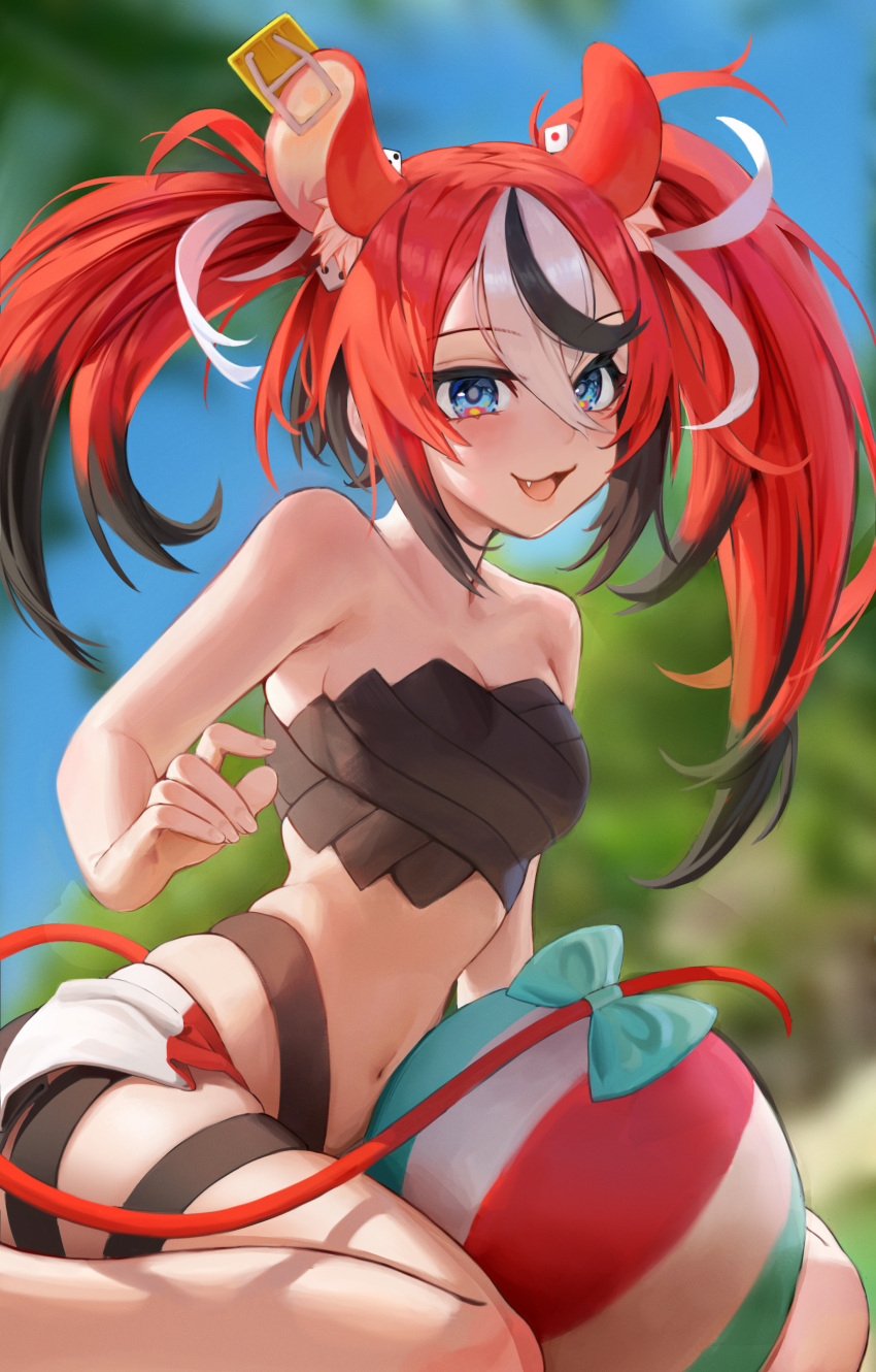 1girl :d absurdres animal_ear_fluff animal_ears aqua_bow ball bangs bare_arms bare_shoulders beachball bikini black_bikini black_hair blue_eyes blurry blurry_background bow breasts commentary depth_of_field dice_hair_ornament eyebrows_visible_through_hair fang hair_between_eyes hair_ornament hakos_baelz highres hololive hololive_english long_hair looking_at_viewer mouse_ears mouse_girl mouse_tail mousetrap multicolored_hair navel open_mouth red_hair ritae sitting smile solo stomach streaked_hair swimsuit tail tail_bow tail_ornament thigh_strap twintails virtual_youtuber wariza white_hair