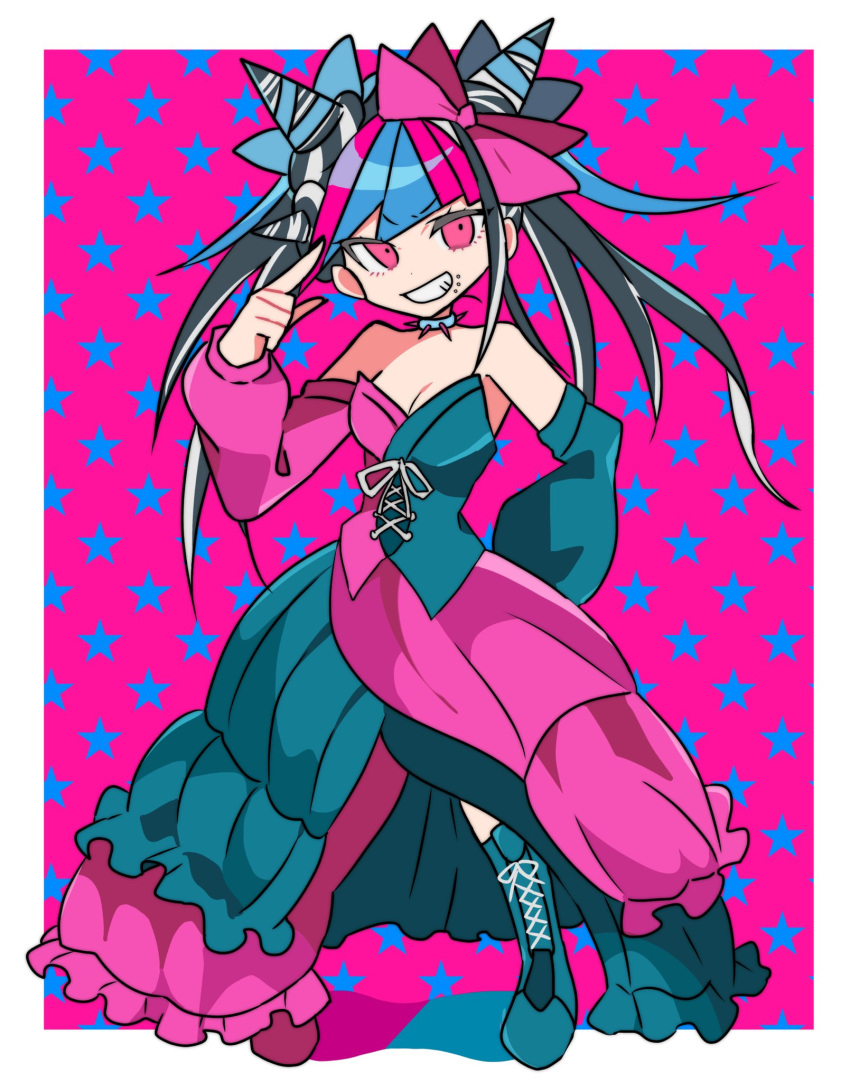 1girl black_dress blue_hair boots bow breasts cleavage danganronpa_(series) danganronpa_2:_goodbye_despair detached_sleeves dress grin hair_bow hair_horns hand_up highres index_finger_raised long_hair long_sleeves medium_breasts mioda_ibuki multicolored_hair pink_bow pink_dress pink_hair smile solo standing todoroki_gk2 two-tone_dress white_hair