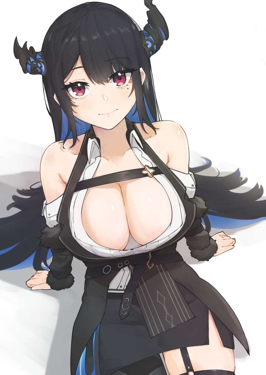 1girl adapted_costume asymmetrical_horns bare_shoulders black_hair blue_hair breast_focus breasts cleavage colored_inner_hair demon_horns hair_ornament highres hololive hololive_english horns large_breasts long_hair looking_at_viewer mole mole_under_eye multicolored_hair nerissa_ravencroft nerissa_ravencroft_(1st_costume) red_eyes smile solo two-tone_hair uneven_horns virtual_youtuber watercat322