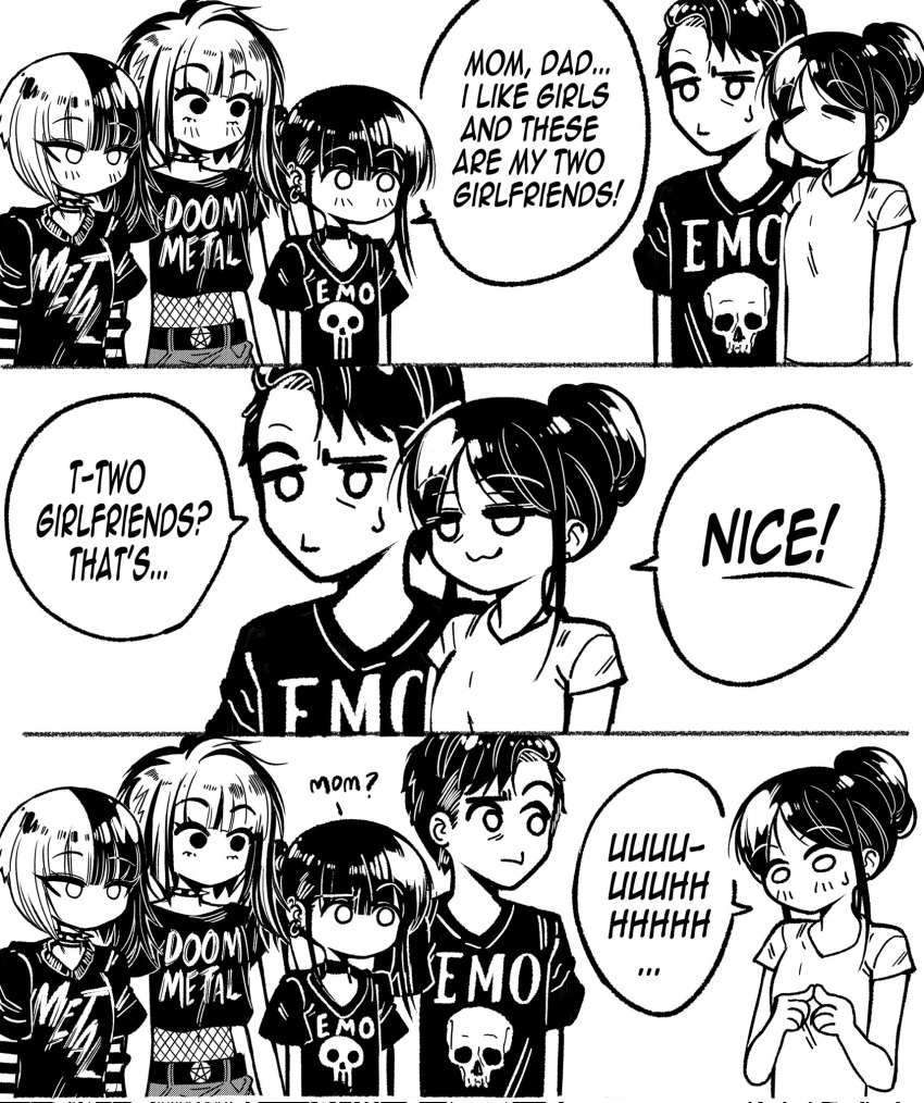 1boy 4girls blush collar commentary corrupted_twitter_file ear_piercing english_commentary english_text greyscale grs- highres midriff monochrome multicolored_hair multiple_girls no_mouth original piercing raised_eyebrow short_hair spiked_collar spikes two-tone_hair yuri