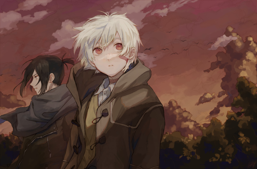 2boys bandaid bandaid_on_face black_hair brown_coat brown_eyes brown_sky chinese_commentary closed_mouth cloud coat collared_shirt fishdry highres jacket looking_at_viewer male_focus multiple_boys nezumi_(no.6) no.6 outdoors parted_lips profile red_eyes red_sky scarf shirt short_hair short_ponytail sky tree upper_body white_hair yorigami_shion