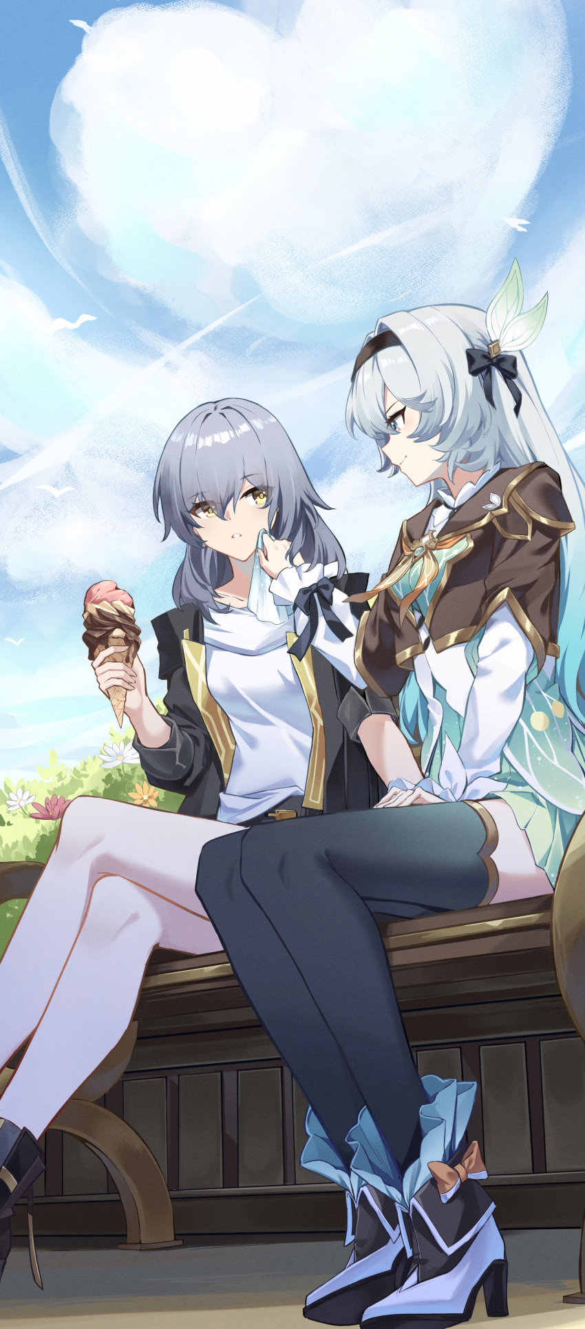 2girls absurdres aqua_skirt bare_legs black_hairband black_jacket black_thighhighs boots commentary_request czk feet_out_of_frame firefly_(honkai:_star_rail) flower food grey_eyes grey_hair hairband heart heart-shaped_cloud high_heel_boots high_heels highres holding holding_food honkai:_star_rail honkai_(series) ice_cream ice_cream_cone jacket long_hair long_sleeves looking_at_another miniskirt multiple_girls open_clothes open_jacket parted_lips pleated_skirt shirt sitting skirt stelle_(honkai:_star_rail) thighhighs thighs trailblazer_(honkai:_star_rail) white_flower white_hair white_shirt yellow_eyes yellow_flower yuri