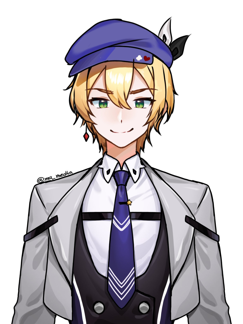 1boy black_vest blonde_hair blue_headwear blue_necktie closed_mouth collared_shirt dokibird_(vtuber) earrings genderswap genderswap_(ftm) green_eyes grey_jacket hat highres indie_virtual_youtuber jacket jewelry looking_at_viewer ma_medha necktie shirt simple_background single_earring smile straight-on tie_clip twitter_username upper_body vest virtual_youtuber white_background white_shirt