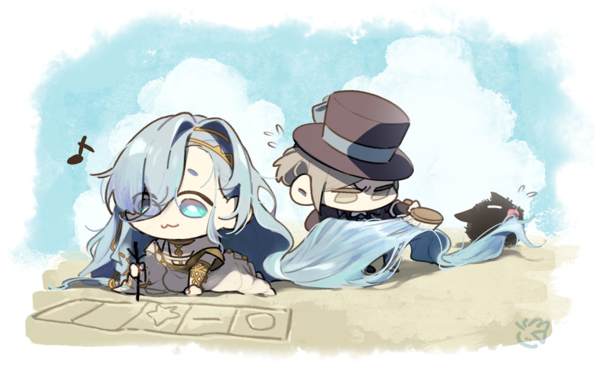 1other 2girls 37_(reverse:1999) beach blue_sky brushing_hair carbuncle_(reverse:1999) chibi cloud hair_brush hair_in_another's_mouth hat highres holding holding_brush long_hair multiple_girls papu_ri_ca reverse:1999 sand sky top_hat vertin_(reverse:1999) very_long_hair