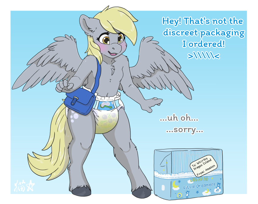 &gt;///&lt; anthro anthrofied blush bodily_fluids clothed clothing diaper diaper_bag embarrassed english_text feathered_wings feathers female genital_fluids hi_res pattern_diaper satchel stargal_galexi text underwear urine wearing_diaper wet_diaper wetting wings