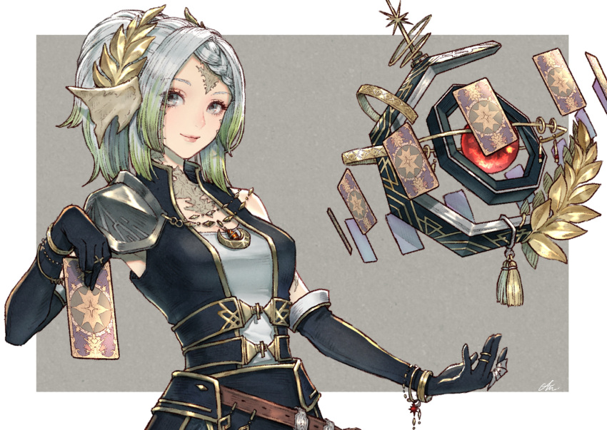 1girl armor astrologian_(final_fantasy) au_ra black_gloves bracelet breasts cam_(cammero95713700) card dragon_horns elbow_gloves final_fantasy final_fantasy_xiv gloves grey_eyes grey_hair highres holding holding_card horns jewelry long_hair looking_at_viewer medium_breasts ponytail scales shoulder_armor solo two-tone_background warrior_of_light_(ff14)