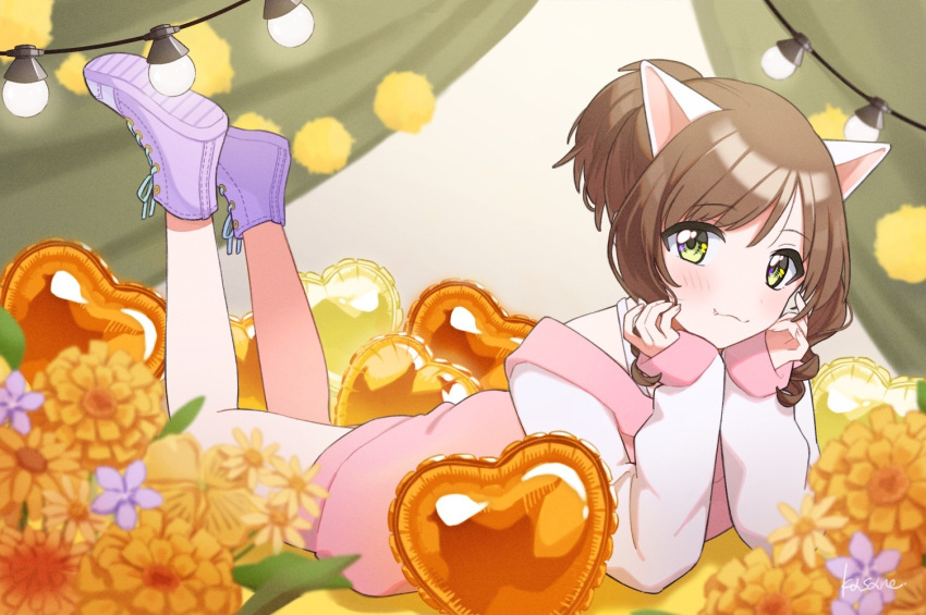 1girl :3 animal_ears balloon bare_legs blush brown_hair cat_ears curly_sidelocks curtains fake_animal_ears fang flower full_body green_eyes halterneck hands_on_own_cheeks hands_on_own_face hanging_light heart_balloon high_ponytail idolmaster idolmaster_cinderella_girls kasane_matcha legs_up looking_at_viewer lying maekawa_miku on_stomach purple_footwear shoes short_hair side_part signature sleeves_past_wrists sneakers solo two-tone_dress yellow_flower yellow_theme