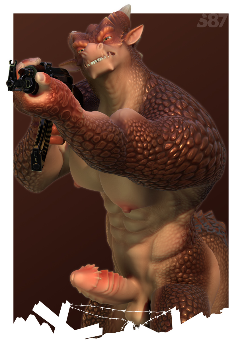 3d_(artwork) 5_fingers abs absurd_res ak-47 ak_platform animal_genitalia animal_penis anthro areola assault_rifle balls biceps border digital_media_(artwork) dragon erection facial_spikes fingers genitals gradient_background gun hi_res holding_gun holding_object holding_ranged_weapon holding_rifle holding_weapon horn male muscular muscular_anthro muscular_male mythological_creature mythological_scalie mythology nipples nude orange_eyes pecs penile_spines penis pink_areola pink_nipples ranged_weapon red_background red_body red_scales red_tail rifle s87 scales scalie simple_background solo spikes spikes_(anatomy) standing tail tan_balls tan_body tan_penis teeth weapon white_border white_horn