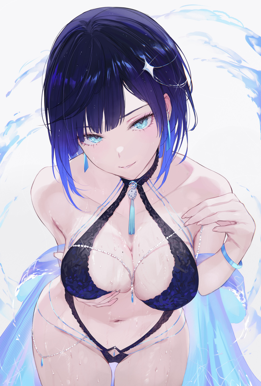 1girl absurdres bare_shoulders bikini black_bikini black_hair blue_bikini blue_eyes blue_hair bracelet breasts cleavage closed_mouth collarbone cowboy_shot diagonal_bangs earrings genshin_impact gradient_hair hair_ornament highres jewelry large_breasts looking_at_viewer mole mole_on_breast multicolored_hair navel paid_reward_available parted_lips purple_hair qiandaiyiyu short_hair smile solo stomach swimsuit thighs water wet white_background yelan_(genshin_impact)