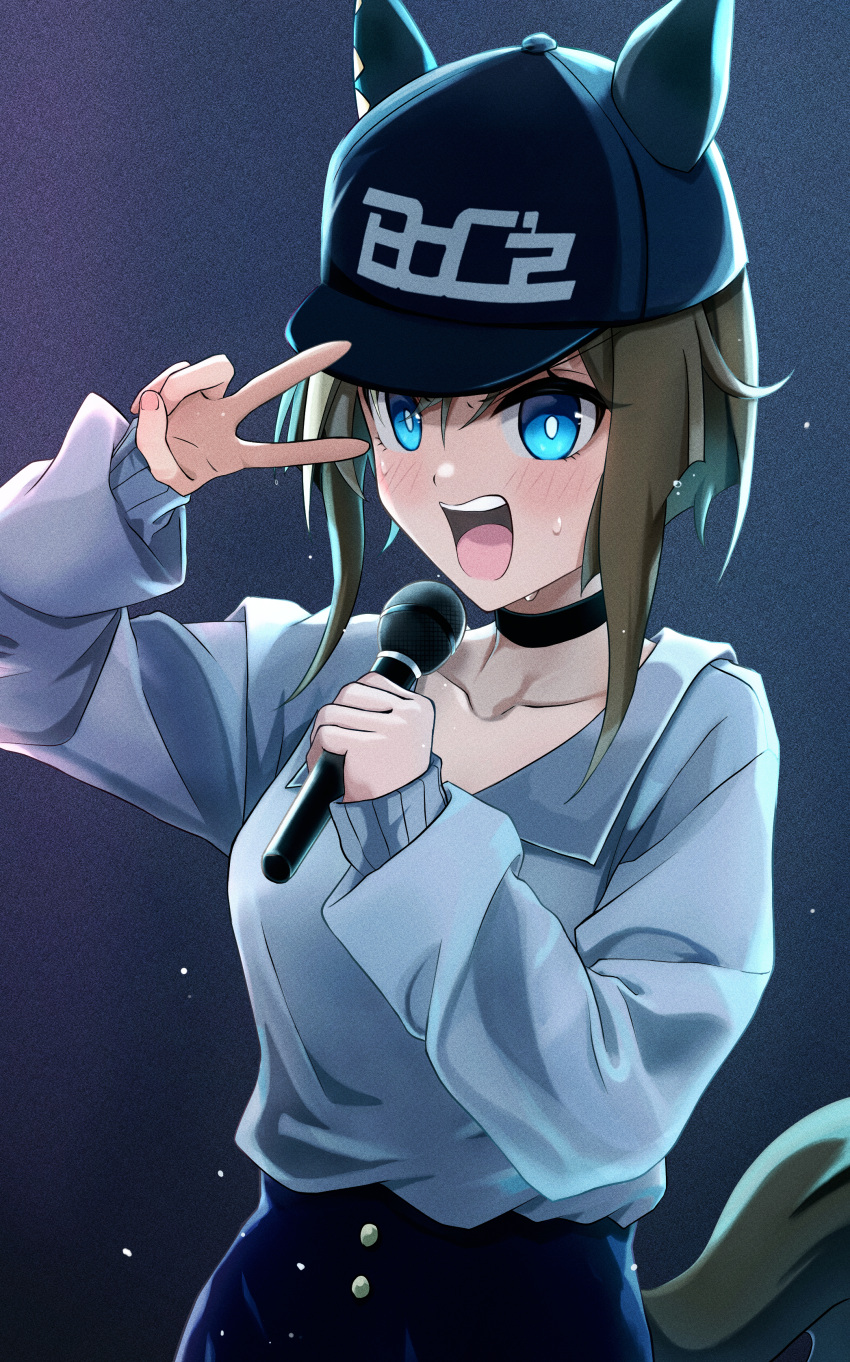1girl absurdres animal_ears baseball_cap black_headwear blue_eyes boc'z_(umamusume) breasts brown_hair cheval_grand_(boc'z)_(umamusume) cheval_grand_(umamusume) choker chokin_tsucho closed_mouth commentary_request hair_between_eyes hat highres horse_ears horse_girl horse_tail long_hair long_sleeves looking_at_viewer multicolored_hair open_mouth shirt small_breasts solo streaked_hair tail teeth umamusume upper_body upper_teeth_only v white_shirt