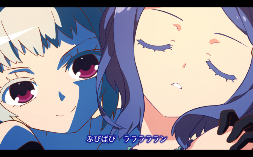 2girls absurdres amou_june black_gloves blue_hair closed_mouth derivative_work facing_viewer gloves grey_hair hand_on_another's_shoulder highres katupuraamen letterboxed looking_at_viewer lyrics multiple_girls parted_lips pretty_rhythm pretty_rhythm_rainbow_live pretty_series purple_eyes rinne_(pretty_rhythm) screencap_redraw short_hair smile upper_body