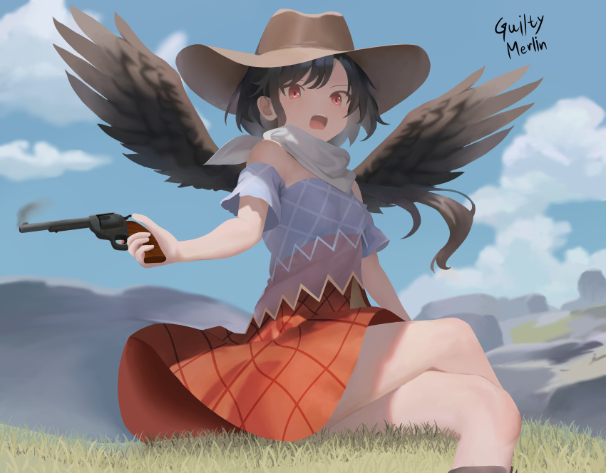 absurdres bandana bare_shoulders black_hair black_wings blue_dress blue_sky brown_dress brown_headwear cloud cloudy_sky cowboy_hat cowboy_western crossed_legs dress feathered_wings grass guilty_merlin gun hat highres holding holding_gun holding_weapon kurokoma_saki long_hair off-shoulder_dress off_shoulder open_mouth outdoors pegasus_wings pink_dress puffy_sleeves red_eyes revolver sitting sky touhou weapon white_bandana wings