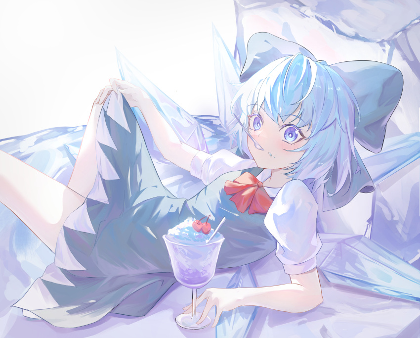1girl absurdres blue_bow blue_dress blue_eyes blue_hair blush bow bowtie cherry cirno closed_mouth collared_shirt cup dress food fruit hair_bow highres ice ice_cream ice_wings looking_at_viewer lying puffy_short_sleeves puffy_sleeves red_bow red_bowtie shirt short_hair short_sleeves solo spoon touhou utensil_in_mouth wings z-bow