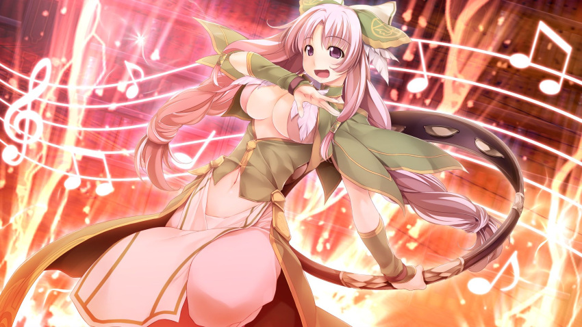 1girl atelier-moo braid breasts cleavage curtained_hair dancing dress full_body hair_ribbon highres large_breasts long_hair musical_note navel nina_lazydaisy open_mouth pink_eyes pink_hair ribbon smile solo standing twin_braids wizards_symphony