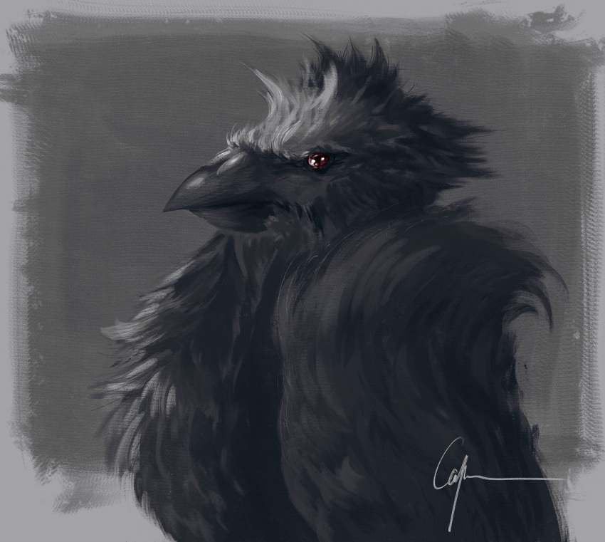 2019 ambiguous_feral ambiguous_gender beak black_beak black_body black_feathers border caymartworks corviknight digital_media_(artwork) digital_painting_(artwork) feathered_crest feathered_wings feathers feral folded_wings generation_8_pokemon glistening glistening_eyes grey_background grey_border head_crest hi_res nintendo pokemon pokemon_(species) portrait red_eyes simple_background solo standing three-quarter_portrait wings