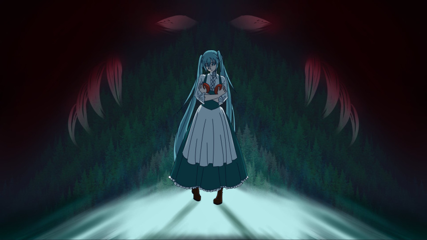 apple apron aqua_dress aqua_eyes aqua_hair bear blank_eyes blouse boots brown_footwear claws dress eve_moonlit evillious_nendaiki fingernails food forest frilled_cuffs frilled_shirt frilled_sleeves frills fruit hatsune_miku head_tilt highres holding holding_food holding_fruit lexsi0maxel long_hair moonlit_bear_(vocaloid) nature overall_skirt pigeon-toed pinafore_dress red_apple sharp_fingernails shirt sleeveless sleeveless_dress tree twintails very_long_hair vocaloid white_apron white_shirt