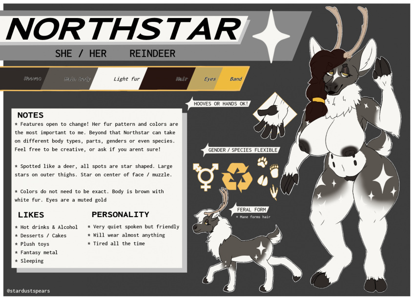 anthro antlers breasts brown_body brown_fur deer digital_media_(artwork) female feral fingers fur hair hi_res hooved_fingers hooves horn mammal model_sheet new_world_deer northstar nude pubes reindeer solo stardustspears tail text