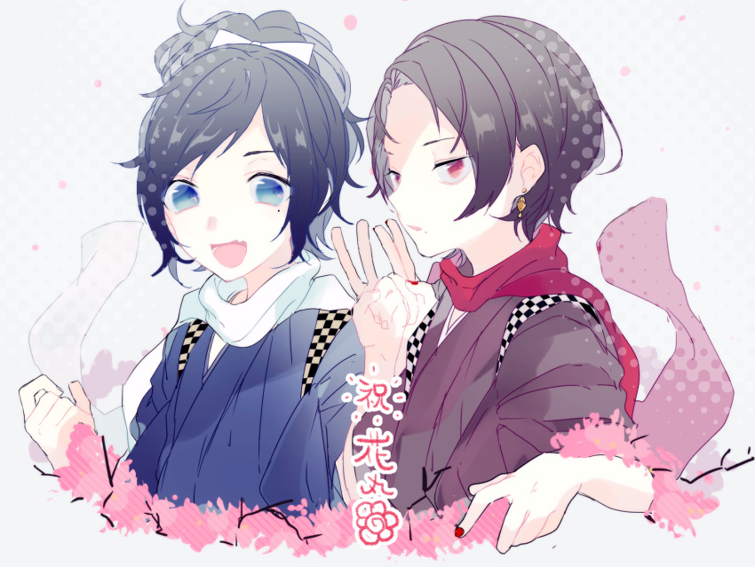 2boys androgynous black_hair black_shirt blue_shirt checkered_clothes cropped_torso drop_earrings earrings forehead grey_background hair_behind_ear hair_bun halftone hand_up hood jewelry jitome kashuu_kiyomitsu looking_at_viewer male_focus mole mole_under_eye multiple_boys nail_polish nakko_(7nt5ta) red_nails red_scarf scarf shirt short_hair touken_ranbu upper_body v white_scarf yamato-no-kami_yasusada