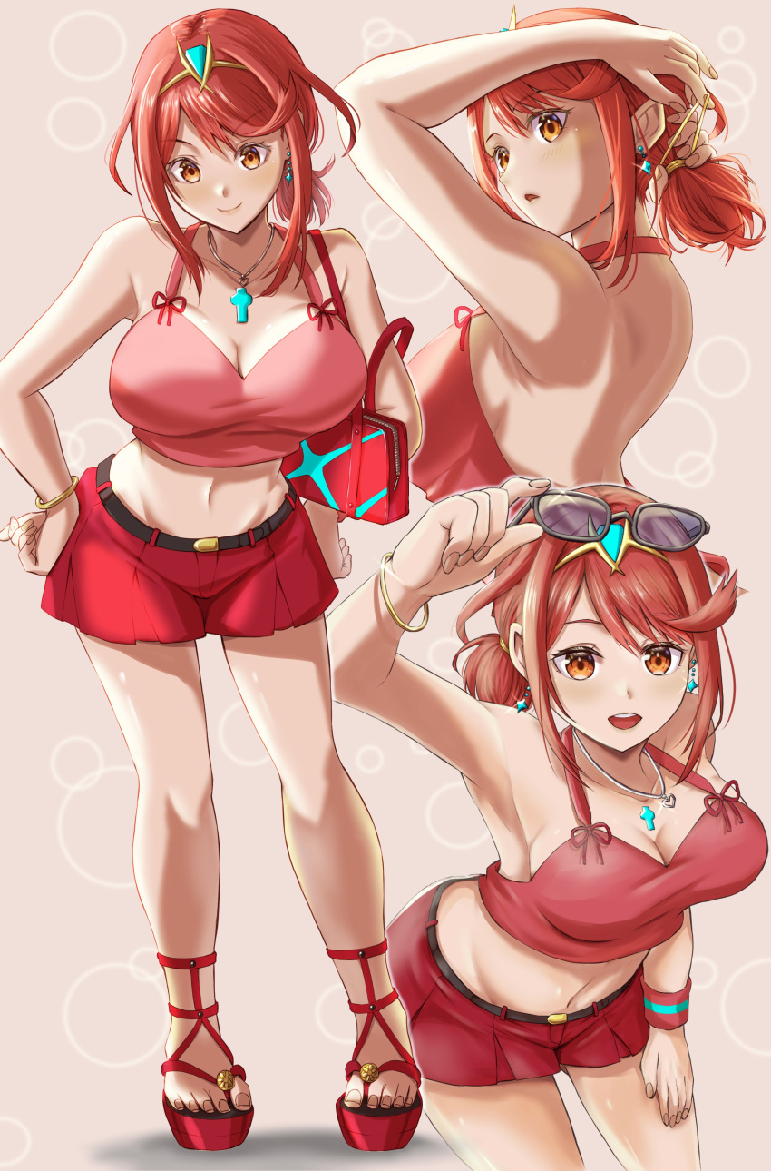 1girl absurdres adjusting_eyewear back backless_outfit bag breasts brown_eyes cleavage crop_top earrings from_behind full_body handbag highres jewelry kenichiart large_breasts midriff multiple_views navel necklace ponytail pyra_(xenoblade) red_hair red_shorts red_tank_top short_hair shorts sunglasses tank_top tiara upper_body xenoblade_chronicles_(series) xenoblade_chronicles_2