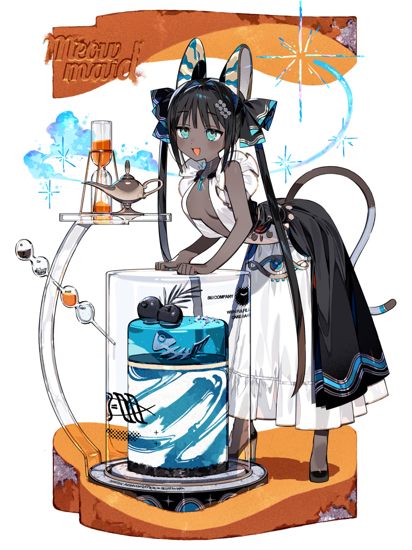 1girl :3 :d absurdres animal_ears aqua_eyes black_hair breasts cat_ears cat_girl cat_tail dark_skin hachihito hair_intakes hair_ribbon high_heels highres hourglass leaning_forward long_hair nail_polish oil_lamp original ribbon sand small_breasts smile solo standing tail tray twintails very_dark_skin very_long_hair