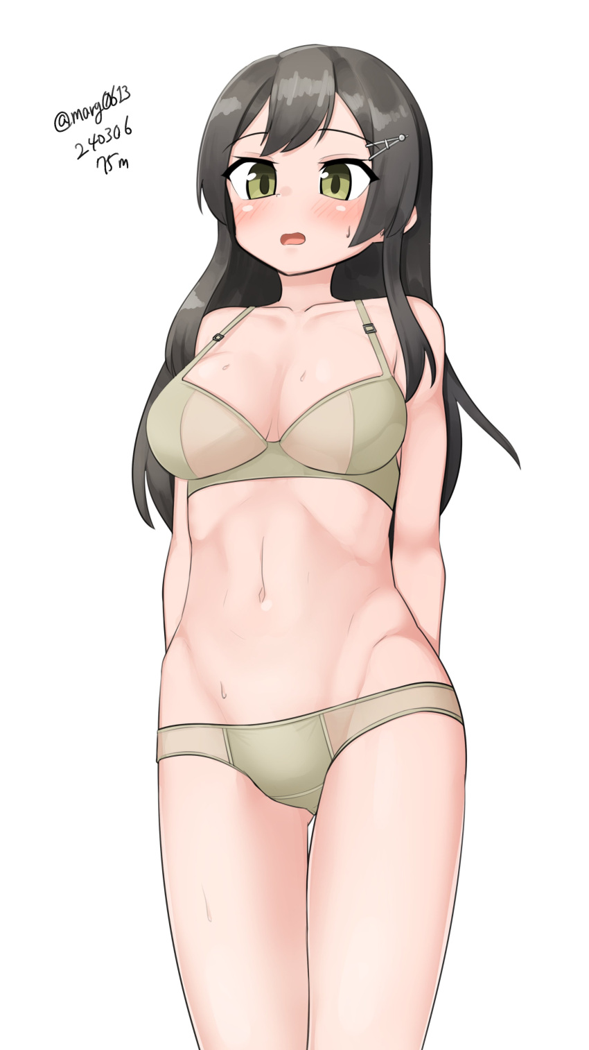 1girl absurdres alternate_breast_size arms_behind_back black_hair bra breasts brown_bra brown_panties cleavage feet_out_of_frame green_eyes hair_ornament hairclip highres kantai_collection large_breasts long_hair maru_(marg0613) one-hour_drawing_challenge oyashio_(azur_lane) panties simple_background solo standing underwear underwear_only white_background