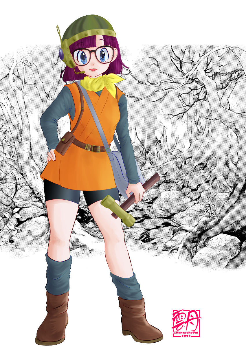 1girl absurdres artist_logo bag belt black_shorts blue_eyes boots brown_footwear chrono_trigger dithering full_body glasses grey_bag grey_shirt grey_socks hammer hand_on_own_hip headset helmet highres holding holding_hammer looking_at_viewer lucca_ashtear neckerchief parted_lips partially_colored purple_hair shirt short_hair shorts shoulder_bag socks solo unidon4910 yellow_neckerchief