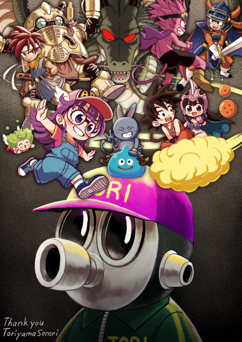 3girls 5boys absurdres armor baseball_cap black-framed_eyewear black_hair blue_overalls character_request chi-chi_(dragon_ball) chibi chrono_trigger closed_mouth cloud copyright_request crono_(chrono_trigger) dr._slump dragon dragon_ball dragon_ball_(object) dragon_quest fushicho glasses hat highres holding holding_sword holding_weapon long_hair looking_at_another multiple_boys multiple_girls norimaki_arale overall_shorts overalls purple_hair real_life red_hair robo_(chrono_trigger) robot shenron_(dragon_ball) short_hair slime_(dragon_quest) smile son_goku sword teeth toriyama_akira_(character) upper_teeth_only weapon