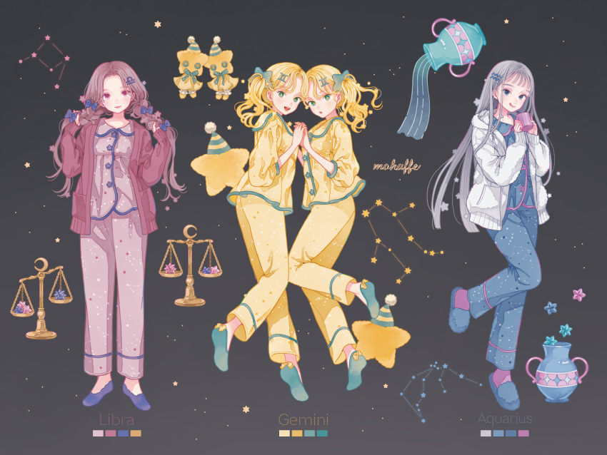 4girls :d aquarius_(constellation) aquarius_(zodiac) artist_name black_background blonde_hair blue_bow blue_eyes blue_footwear blue_pajamas blue_pants blue_shirt blue_socks blunt_bangs bow button_eyes buttons cardigan closed_mouth constellation cup english_text full_body green_eyes grey_hair hair_bow hair_ornament hairclip hands_up highres holding interlocked_fingers jacket jar libra_(constellation) libra_(zodiac) long_hair long_sleeves looking_at_viewer mokaffe multiple_girls open_cardigan open_clothes open_mouth original pajamas pants parted_bangs polka_dot pom_pom_(clothes) pouring purple_eyes purple_footwear purple_hair purple_pants purple_shirt purple_socks scales shirt shoes sleepwear slippers smile socks standing standing_on_one_leg star_(symbol) star_print stuffed_toy teacup teapot tongue tongue_out twintails very_long_hair yellow_pants yellow_shirt zodiac